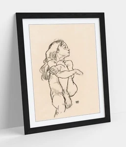 EGON SCHIELE, SEATED NUDE GIRL CLASPING KNEE -FRAMED WALL ART PAPER PRINT POSTER - Picture 1 of 10