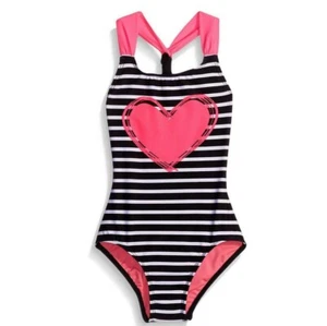 Freestyle Girls Heart Print Stripe Halter One Piece Swimsuit Multi Size 16 7564 - Picture 1 of 2