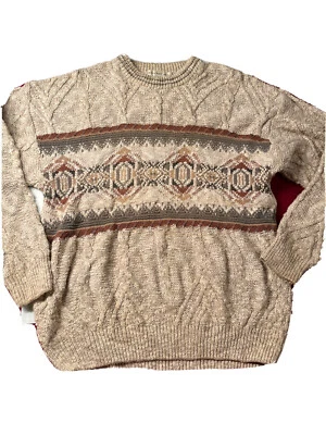 Suéter De Colección L Geoffrey Beene Beige Tostado Oliva Texturizado Tejido con Cable Rayas de Algodón Foto 1 de 4