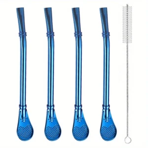 Straw Spoons For Drinks, Reusable S Steel Spoon With Brush 5pcs Bombilla Blue - Picture 1 of 5