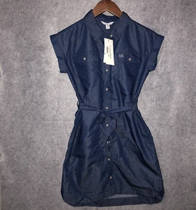 Calvin Klein Jeans Chambray Denim kurzes Kleid mit Gürtel ärmellos L Neu mit Etikett - Bild 1 von 8