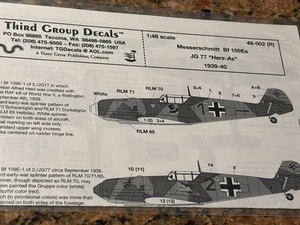 THIRD GROUP $8 SPECIAL DECAL# 48-002 1:48th SCALE JG-77 Bf109E'S 1939-40 DECAL - Picture 1 of 2