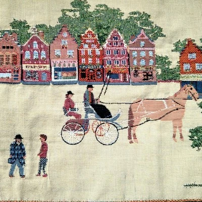 Vintage Belgian Tapestry Pillow Cover Europe Town Horses Carriage Floral Border - Image 1 of 4