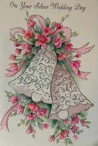 Vintage Punze geprägte Jubiläumskarte UNBENUTZT "Silber" 25 Jahre rosa Blumen - Bild 1 von 4