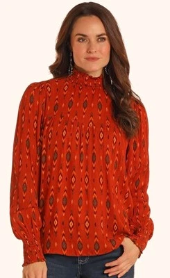 Top Panhandle Escarlata Ikat Calado L/S Mujer Talla Grande 3X Terracota Cerradura NUEVO Foto 1 de 4