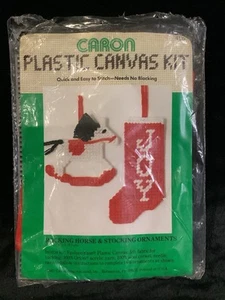 CHRISTMAS Vintage JOY STOCKING ROCKING HORSE ORNAMENTS Plastic Canvas KIT-1980's - Picture 1 of 2