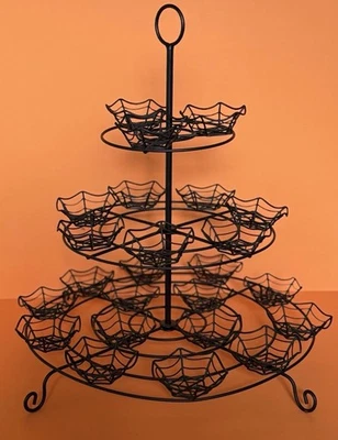Halloween Spider Web (24) Cupcake Stand 3 Tier Display Holder Black Metal - Image 1 of 4