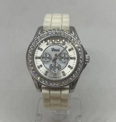 Reloj Mujer Vivani Imitación Diamante Bisel Cuarzo 39mm Batería Nueva Banda Goma Blanca Foto 1 de 4