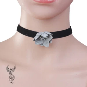 Black Velvet French Gray Fabric Flower Choker (13")    #743.       - Picture 1 of 3