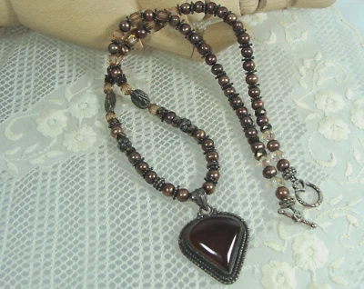 Collar artesanal de plata esterlina piropo granate corazón colgante perlas cristal cuentas Foto 1 de 4