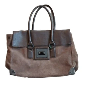 Kenneth Cole Brown Suede Leather Wider Satchel Shoulder Bag Fold Over Flap Purse - Picture 1 of 10
