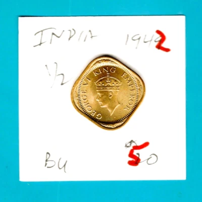 INDIA- SPECTACULAR HISTORICAL GEORGE VI NICKEL-BRASS HALF ANNA, 1942, KM# 534b.2 - Image 1 of 3