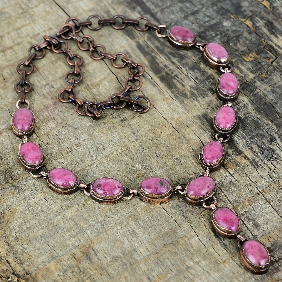 Womens day Sale Oval Rhodonite Gemstone Electroformed Chain Wife Necklace Copper - Image 1 of 4