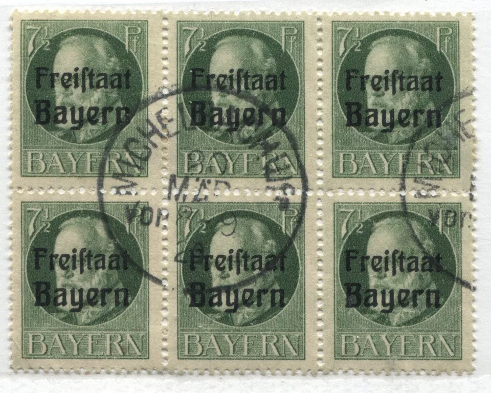 Bavaria 1919 overprinted 7 1/2 pf block of 6 used - Image 1 of 1