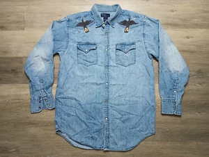 Polo Ralph Lauren Denim Pearl Snap Shirt Native Art Youth XL long sleeve S/M - Picture 1 of 6