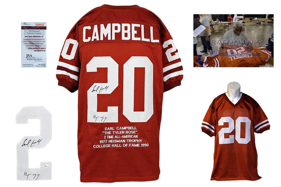 Camiseta FIRMADA Earl Campbell - Testigo JSA - Texas Longhorns Autografiada - ESTADÍSTICA Foto 1 de 1
