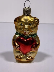 Vintage Gold Bear Glass Christmas Ornament Red Heart Green Bow 3.7” West Germany - Picture 1 of 10