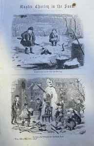 1860 Vintage Magazine Illustration Children Playing in Snow Snowmen - Picture 1 of 2