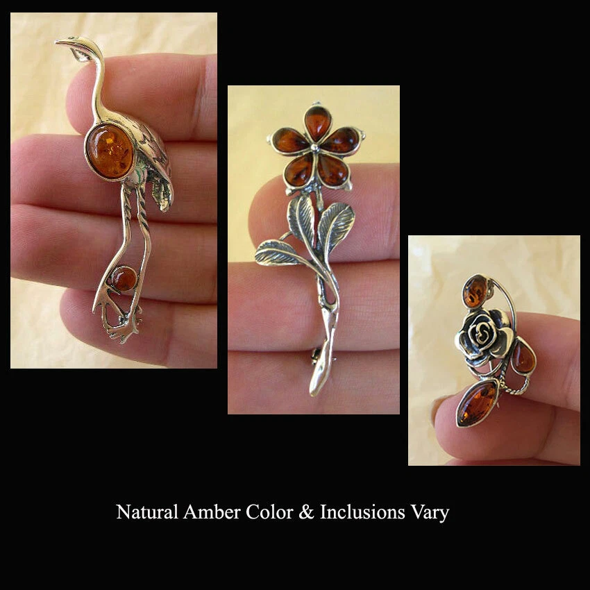 БАЛТИЙСКИЙ МЕД ЯНТАРЬ И СЕРЕБРО ЖУРАВЛЬ, ЦВЕТОК или РОЗА РУЧНОЙ РАБОТЫ БРОШЬ ЗАКОЛКА - Изображение 1 из 1