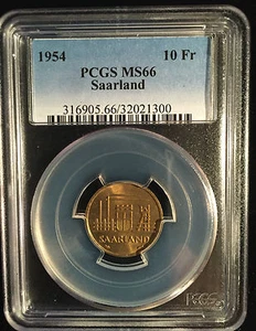 Saarland 1954 PCGS MS66 10 Fr Franken Germany France Paris J-801 World Coin - Picture 1 of 3