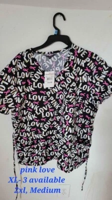 SCRUB TOP - XL extra large,  NWT breast cancer ribbon w/PINK & LOVE on black NWT - Image 1 of 4