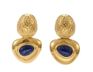 18K Yellow Gold Plated Hammered Natural Lapis Lazuli Drop Earrings 1.20 Inch L - Picture 1 of 4