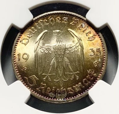Nicely Toned 1935 A Germany Nazi Third Reich 5 Mark Silver Coin -  NGC MS 63 - Image 1 of 4