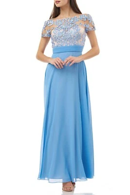 JS COLLECTIONS Sky Blue Embroidered Floral Illusion Sheer Mesh Chiffon Gown 8 - Image 1 of 2