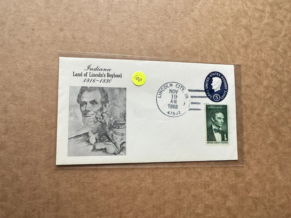 US 1968 Patriotic Cover (100)+Lincoln's Boyhood in Indiana +Painting by Bracker - Image 1 of 1