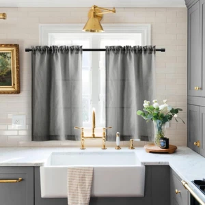Grey Kitchen Short Curtains Valances Sets of 2 Pack Dark Gray Semi Sheer Linen C - Picture 1 of 13