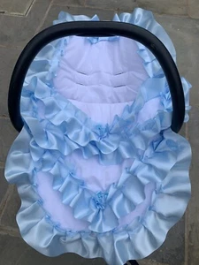 Romany Car Seat Cover Boy or Girl - Personalised - Blue Frilly Ribbon -universal - Picture 1 of 7