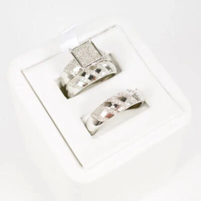 His & Her Trio Ring Set 2Ct Lab Created Diamond 14K White Gold Plated Round Cut - Image 1 of 4