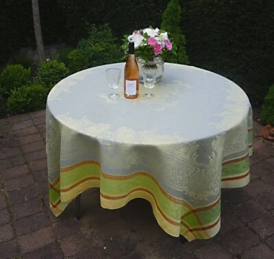 Leinen Tischdecke Jacquard 180x180 cm grau grün mit Rankenmotiven und Hohlsaum - Bild 1 von 4