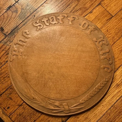Rare Antique English Carved Wood Round Bread Cutting Board Staff of Life Vintage - Image 1 of 4