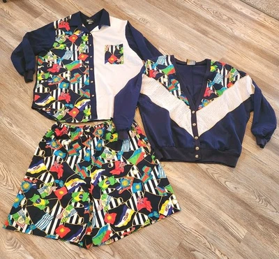 Juego corto de 3 banderas náuticas vintage hilos de plata para mujer 2X coloridas años 80  Foto 1 de 4