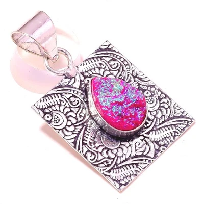 Colgante de joyería de regalo de cumpleaños hecho a mano con piedras preciosas druzy de titanio rosa 1,9" J346 Foto 1 de 3