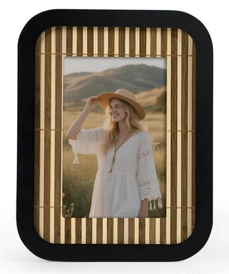 Marco de fotos Boho 4x6 negro madera natural 4 x 6 marcos de fotos bambú tejido R... Foto 1 de 4