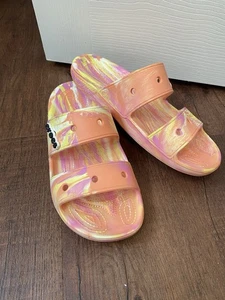 Crocs Classic Marbled Sandals Orange Sherbet Unisex Men's 9 Women's 11 Slide - Picture 1 of 7