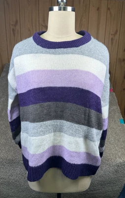 Dip 全新带标签女式 L 码紫色灰色条纹长袖羊毛羊驼混纺毛衣 — 第 1/4 张图片