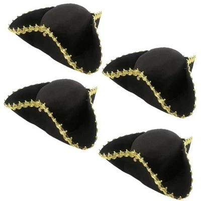 Paquete de 4 sombreros piratas tricornio negro colonial sombrero de tres esquinas con adorno dorado para  Foto 1 de 4