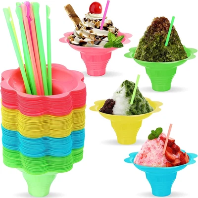 100 Pcs 200 Pcs Colorful Flower Snow Cone Cups with Spoon Straws, 4 Oz Snow Cone - Image 1 of 4