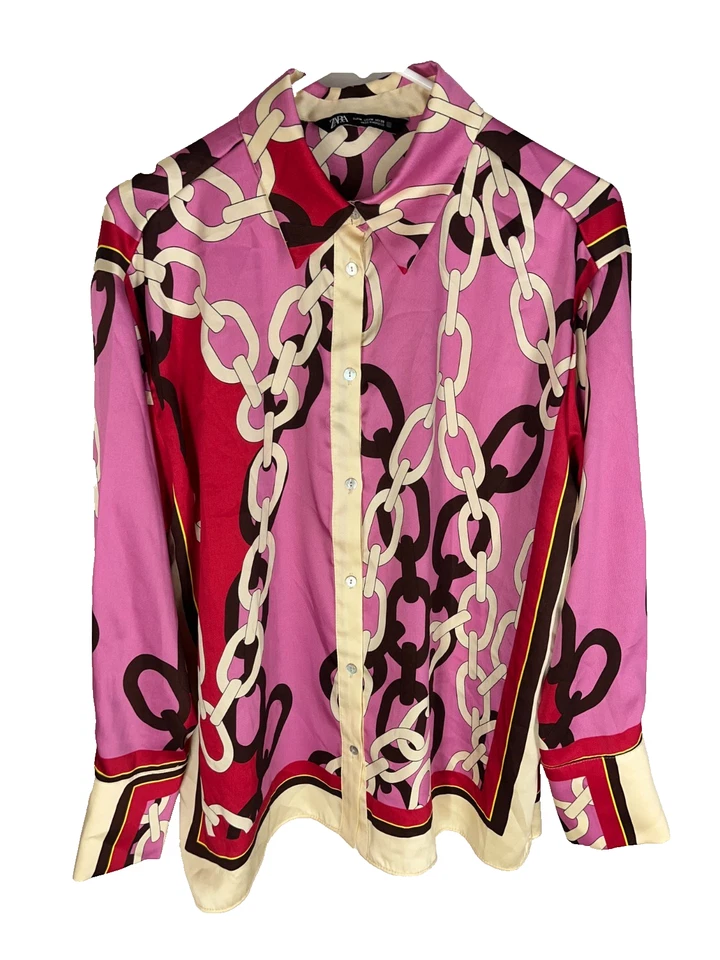 Blusa ZARA Talla Mediana Abotonada Manga Larga Diseño Eslabones Mujer Top Foto 1 de 4
