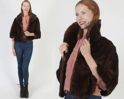 Vintage Real Mahogany Mink Fur Collar Bolero 60s Dark Brown Shawl Stole Cape - Image 1 of 4