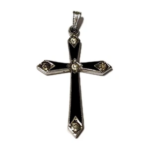 Marcasite Sterling Silver .925 Black Enamel Rhinestone Cross Pendant  - Picture 1 of 7