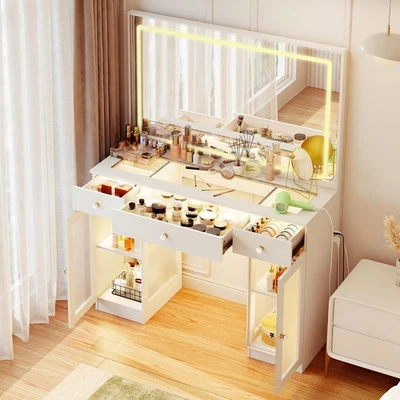 Makeup Vanity with Crystal Knobs, Glass Top Vanity Desk with Mirror and Lights - Image 1 of 4