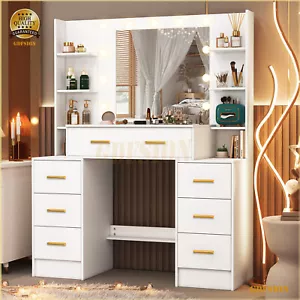 Large Makeup Vanity Table With Mirror & 11 LED Bulbs 7 Drawers Dressing Desk Set - Picture 1 of 10