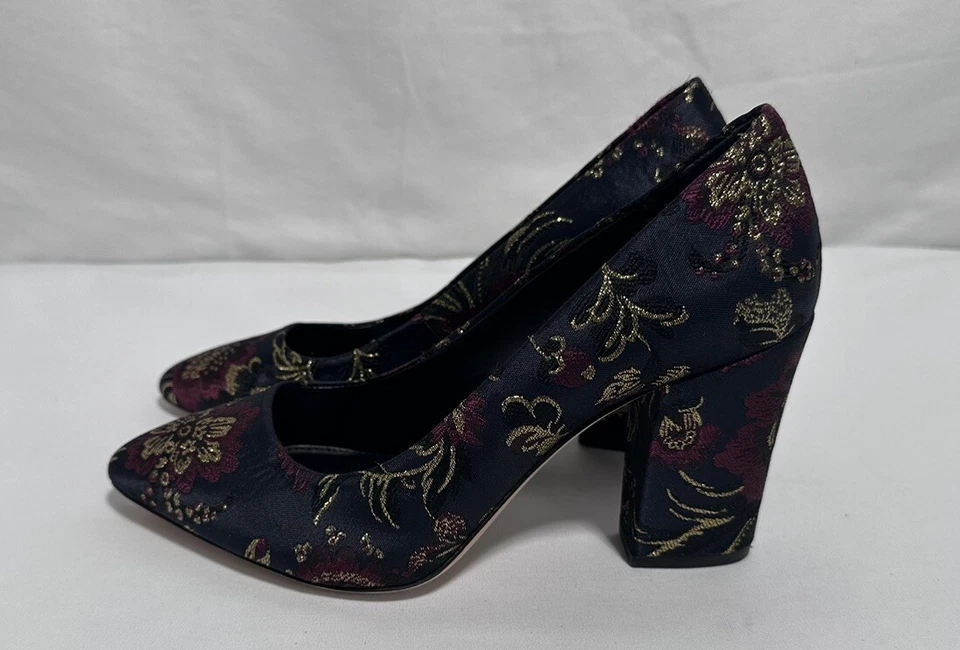 Antonio Melani Tacones 8M Zapatos de salón Cuero Floral Tacón Bloque Azul Marino Rojo Dorado Nuevos Foto 1 de 4