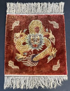 Antique Chinese "Central Clouds Gold Dragon Flaming" Hand Knotted Carpet Rug - Picture 1 of 16
