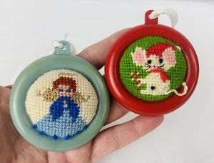 Vintage Christmas Ornaments 2pc Handmade Needlepoint Cross Stitch Mouse & Angel - Picture 1 of 6