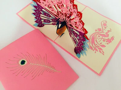 Origami Pop Cards Pink Peacock 3D Pop Up Greeting Love Mother's Day - Image 1 of 4
